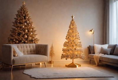 The primary subject of the image is a beautifully decorated Christmas tree. The tree is placed in a living room, surrounded by a couch and a chair. The setting is a cozy and festive environment, perfect for celebrating the holiday season. The visual style of the image is a photo, capturing the details and warmth of the Christmas tree and the room's furnishings. The colors and mood of the image are predominantly warm and inviting, with the Christmas tree being the central focus and source